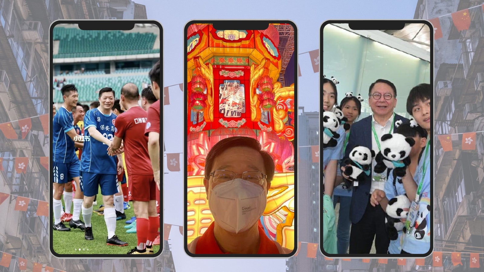 A photo collage of screenshots of Hong Kong politicians on social media over a background of of rows of the Hong Kong flag.
