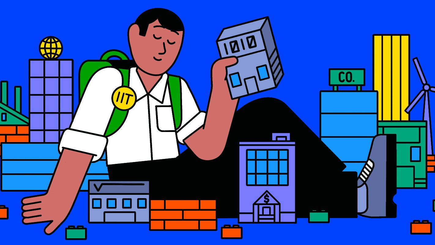 An illustration of a man sitting on the ground surrounded by and playing with buildings of companies.