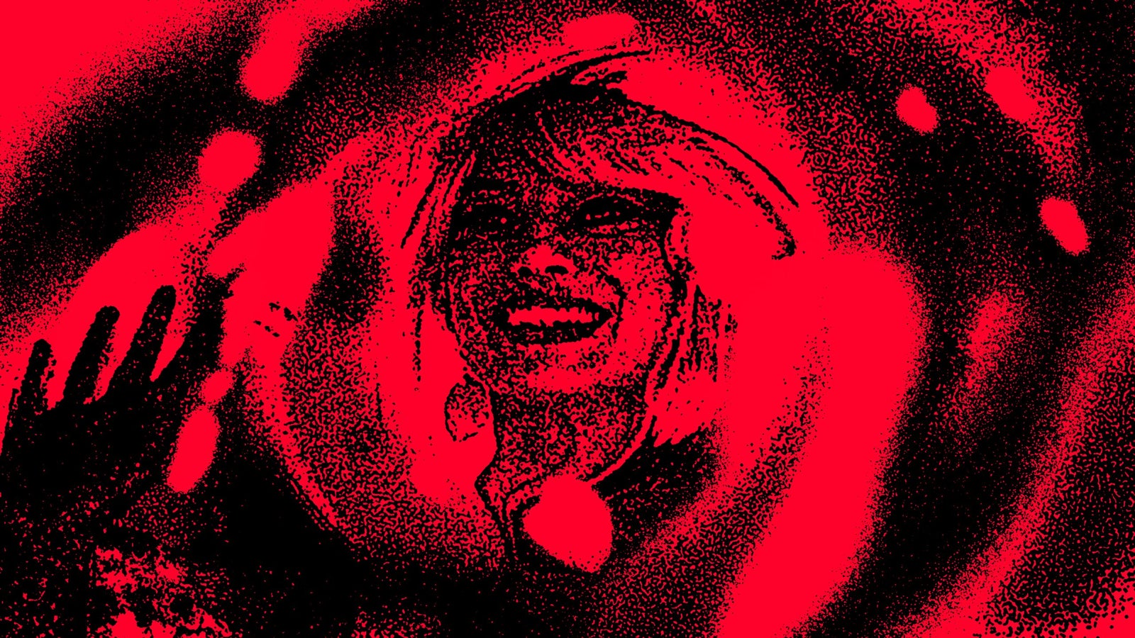 An illustration of actress Margot Robbie as Barbie in a red and black swirl design.