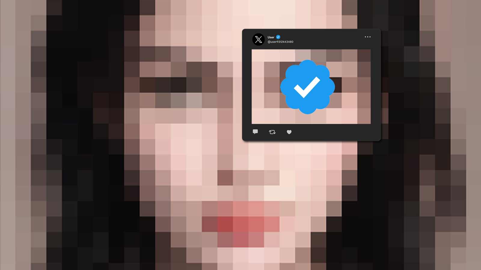 A close up photo of a pixelated female face. An X (Twitter) post frame placed over left eye with blue verification checkmark inside it.