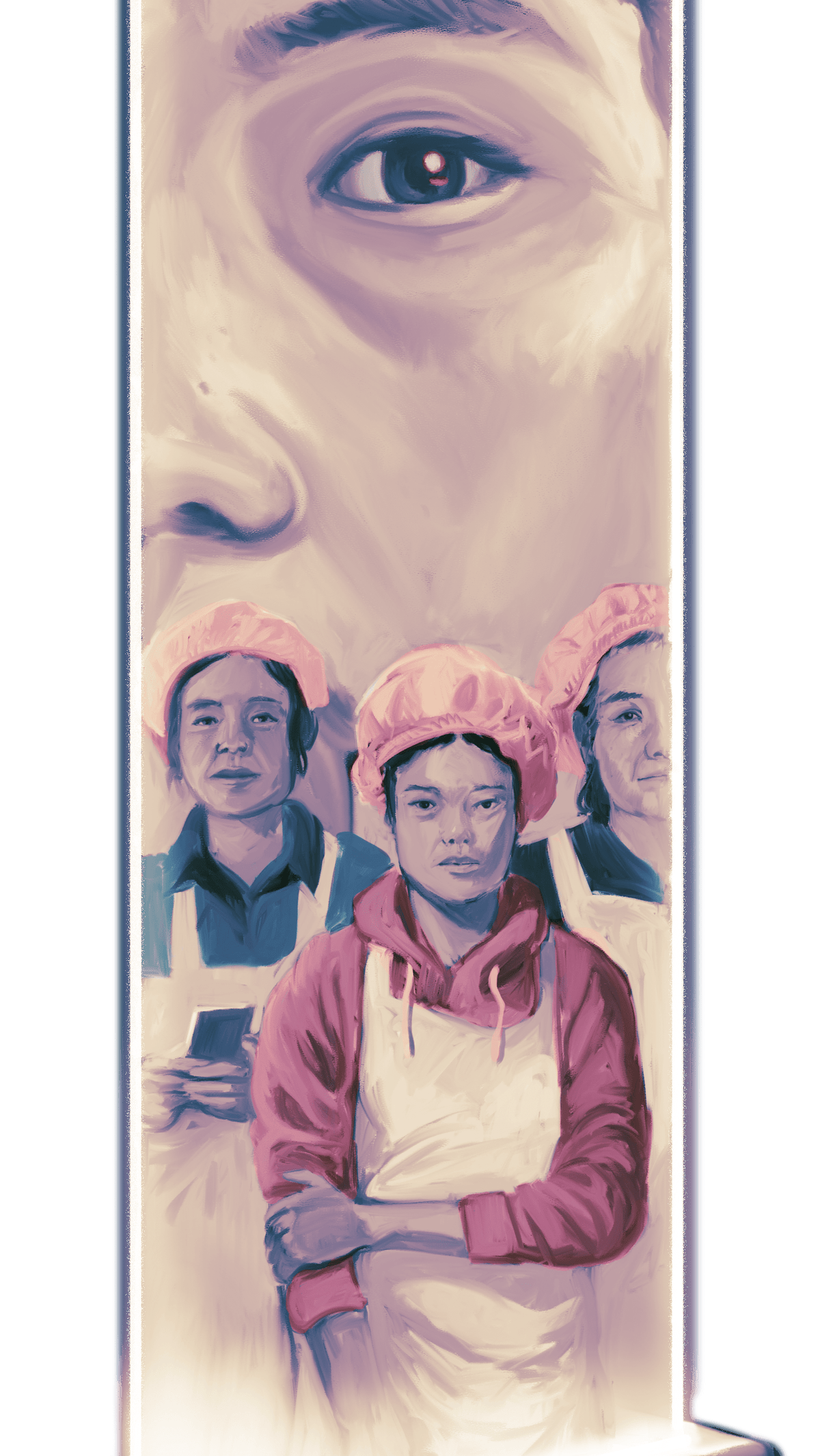 An illustration of a phone screen emitting light upward, showing portraits of Chinese female workers in shades of blue and red.