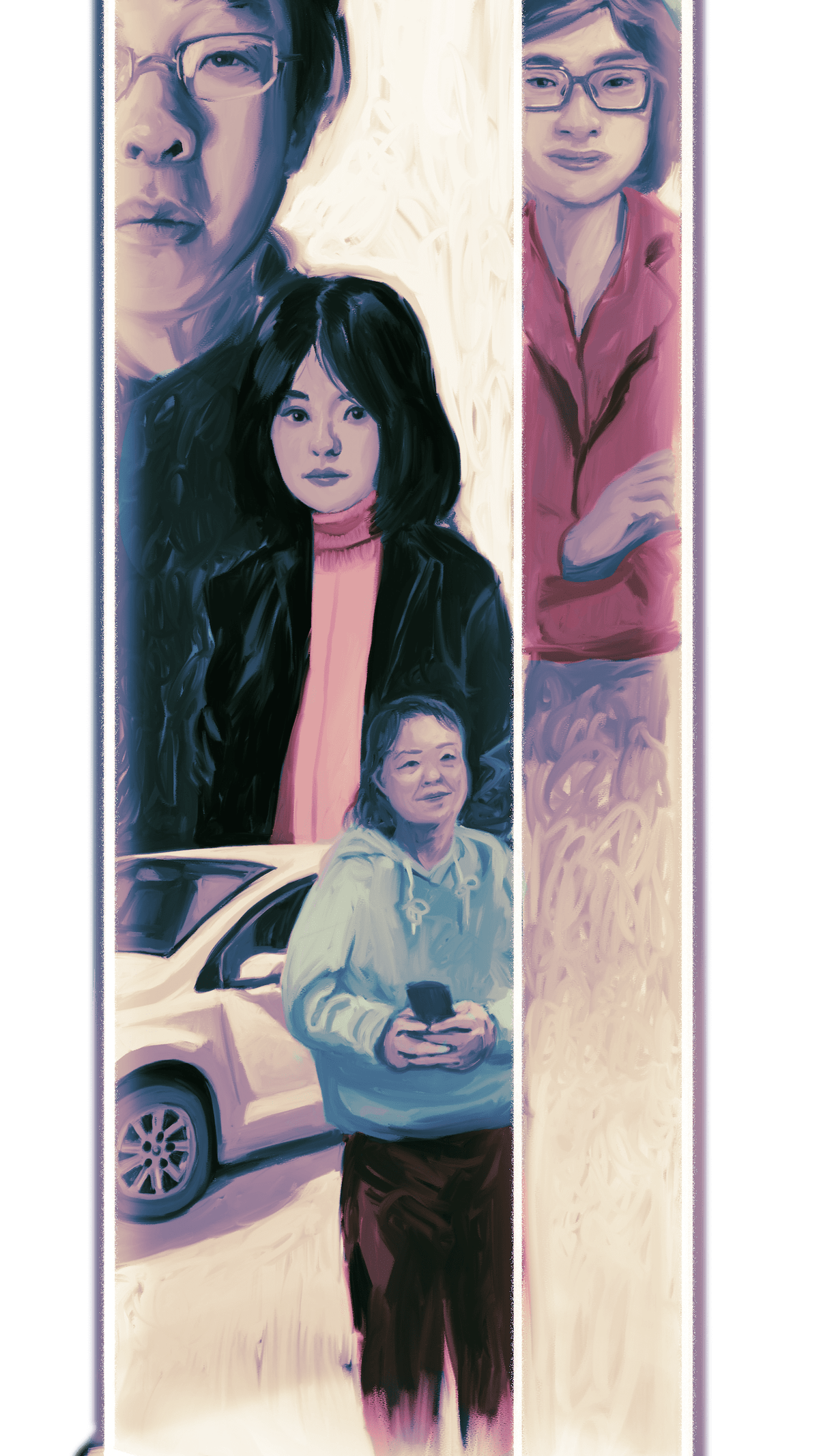 An illustration of a phone screen emitting light upward, showing portraits in shades of blue and red of Wang Man, member of the Feminist Five, Zhou Xiaoxian, MeToo leader, Su Min, a woman in front of a car holding her phone and Lü Pin.