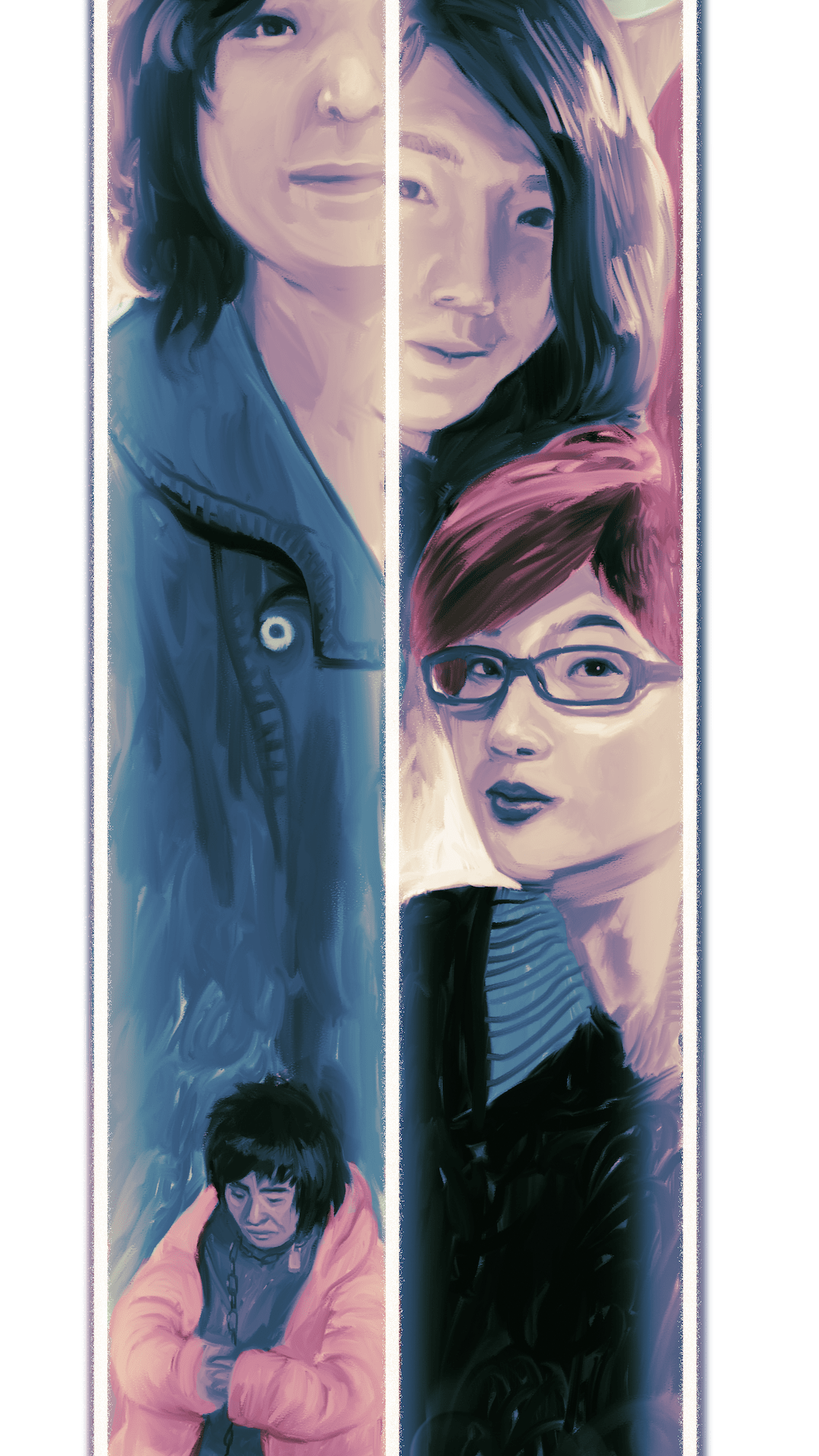 An illustration of a phone screen emitting light upward, showing portraits in shades of blue and red of Wu Rongrong, a chained woman, a woman wearing a mask and members of the Feminist five, Li Tingting and Zheng Churan.