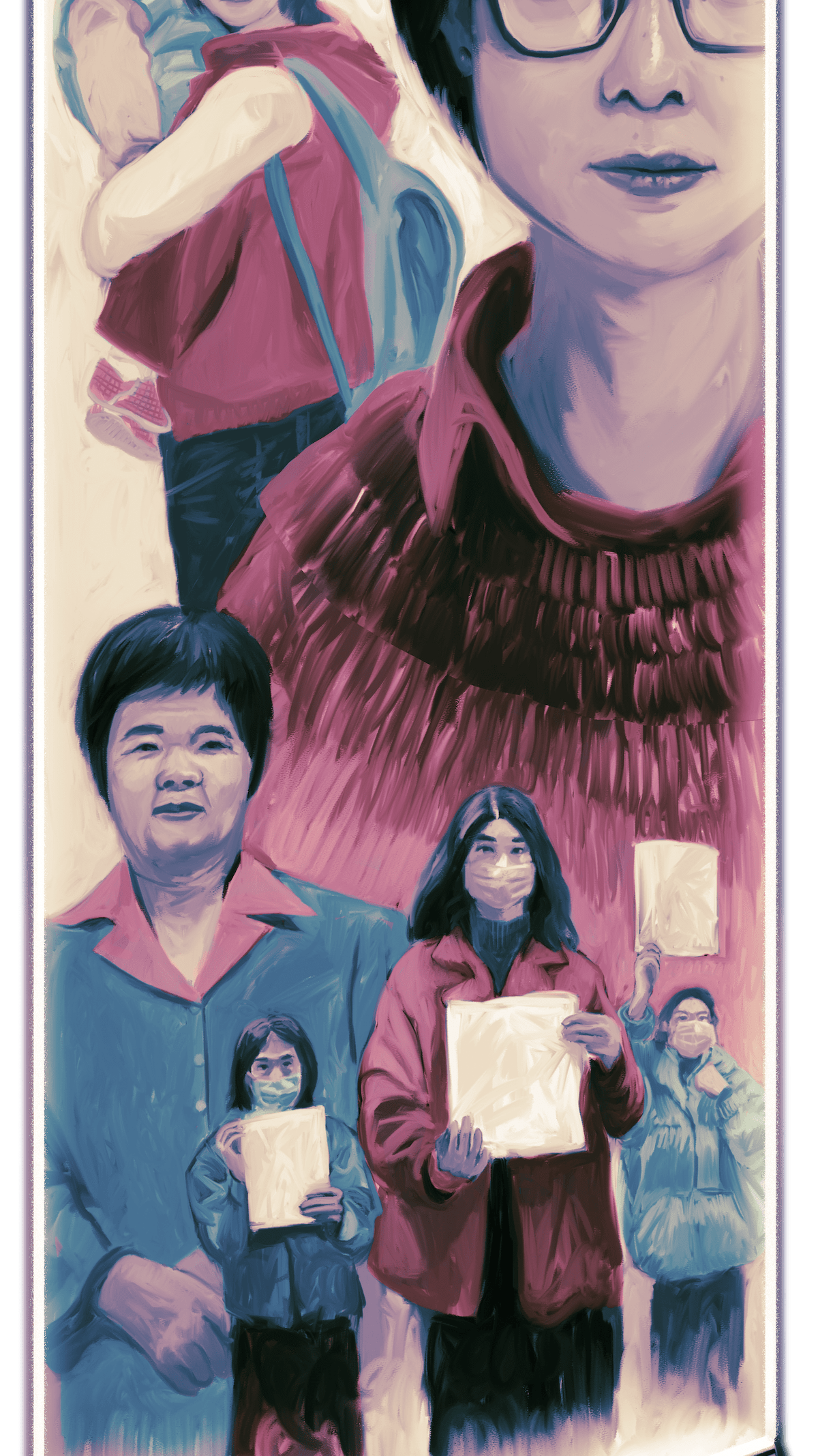 An illustration of a phone screen emitting light upward, showing a portrait in shades of blue and red of a mother and child, Wei Tingting (member of Feminist Five), an older Chinese woman and Chinese feminists holding blank sheets papers in protest.