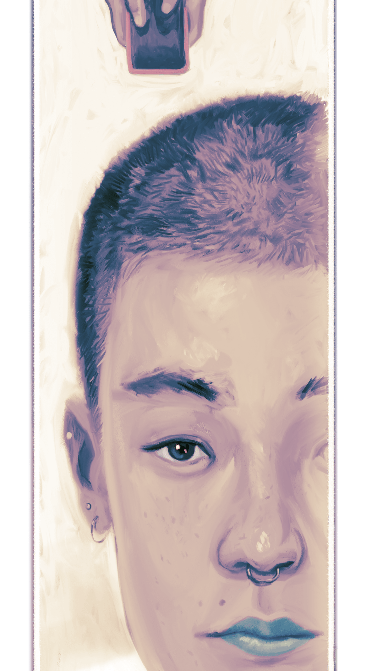 An illustration of a phone screen emitting light upward, showing a portrait in shades of blue and red of a woman with a shaved head and a pair of hands holding a phone.