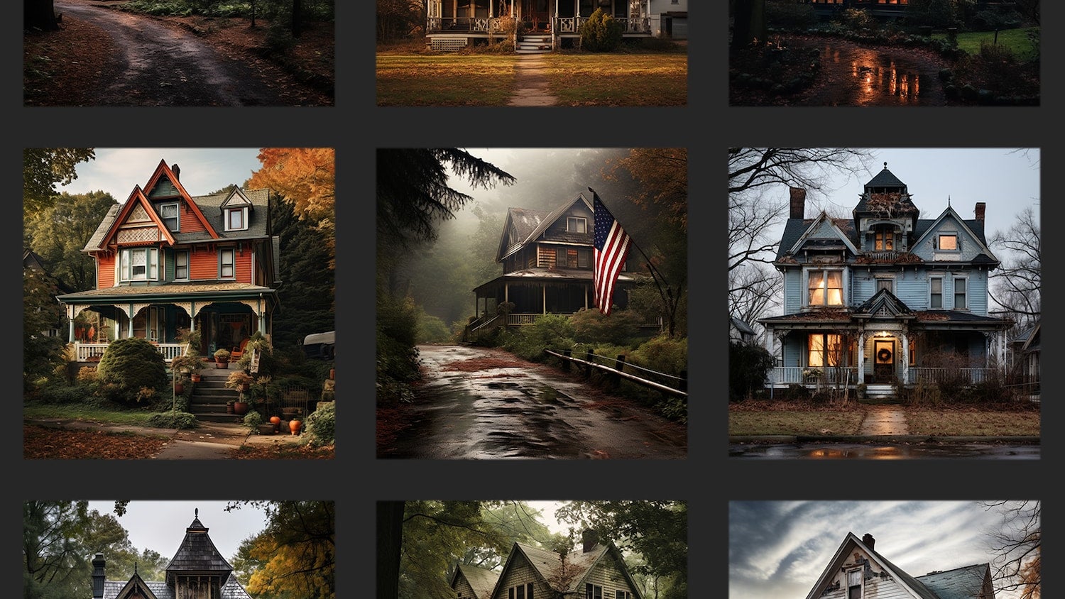 A photo collage showing a grid of 9 square images of dark houses in foggy, moody environments.