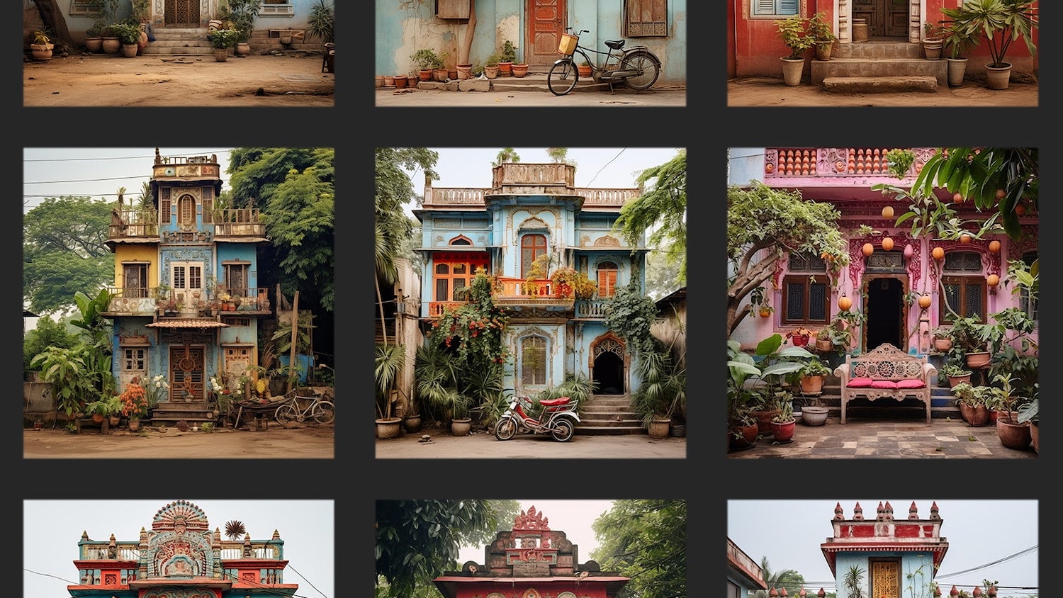 A photo collage showing a grid of 9 square images of a blue and pinkish houses in tropical environments.