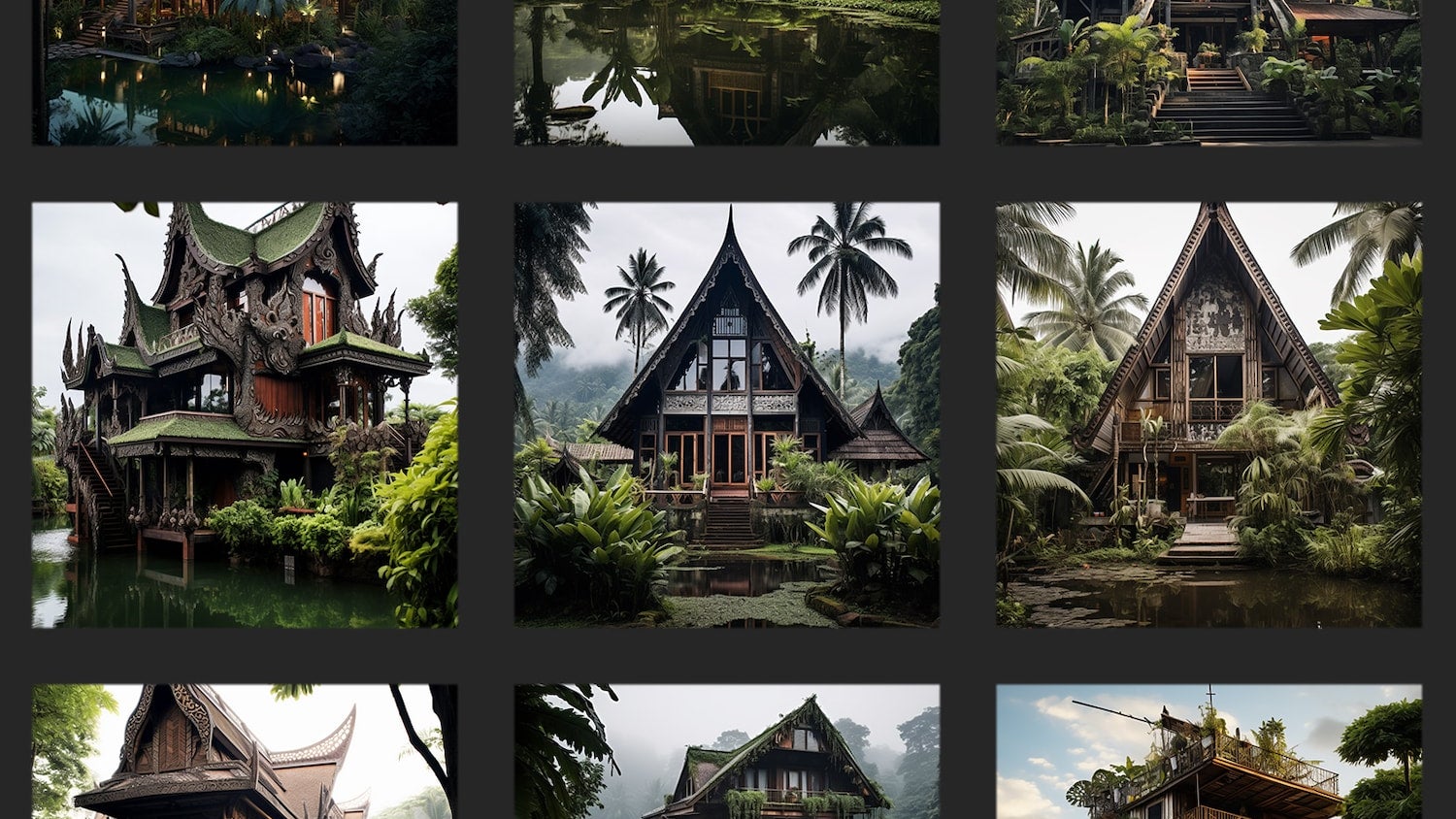 A photo collage showing a grid of 9 square images of a big houses in jungle environments.
