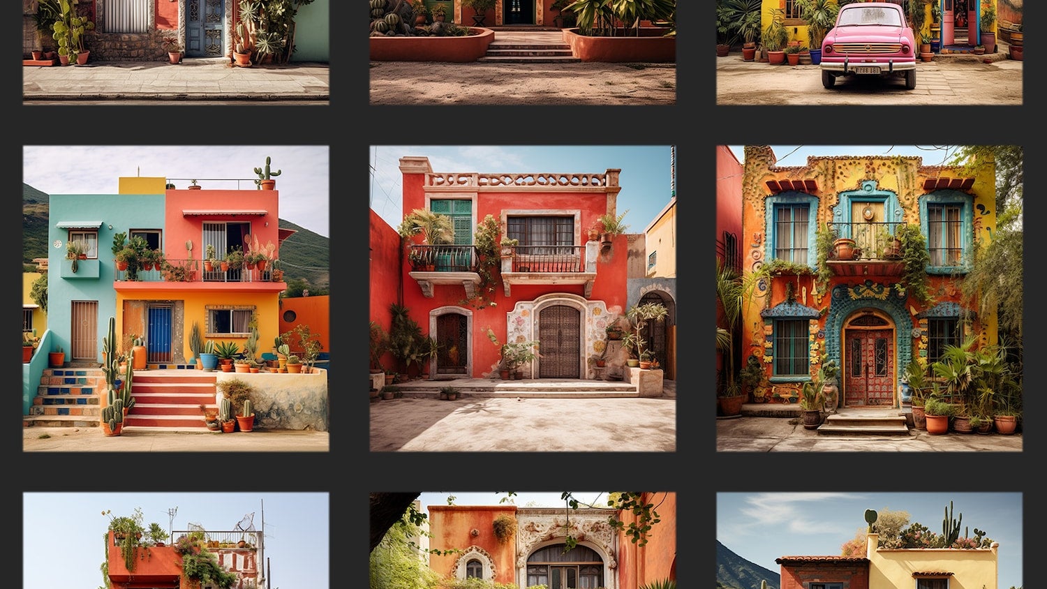 A photo collage showing a grid of 9 square images of a colorful houses in bright environments.