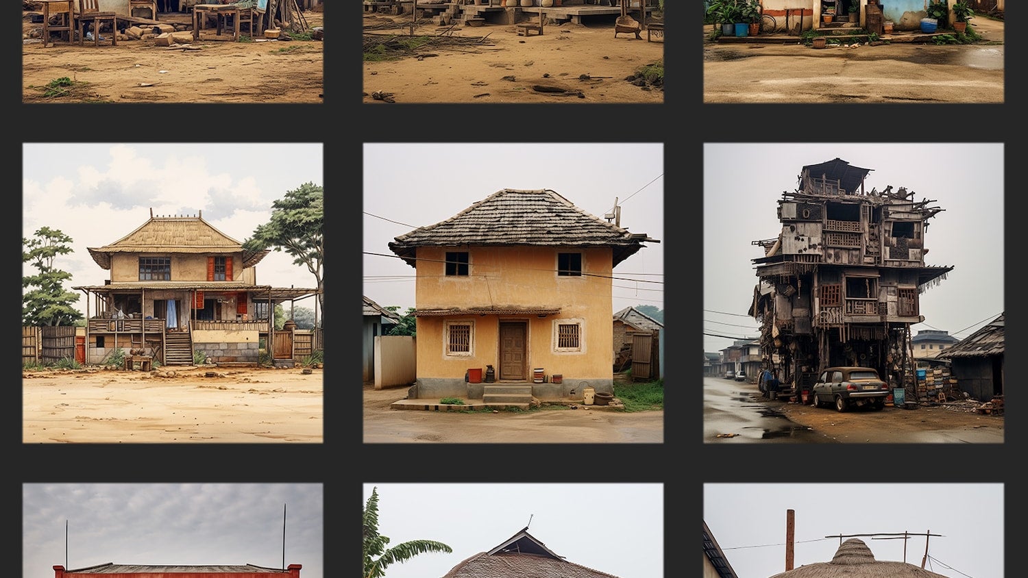 A photo collage showing a grid of 9 square images of a tan and brown houses.