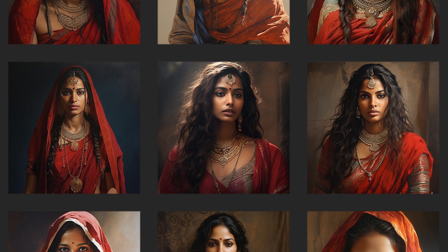A photo collage showing a grid of 9 square images of headshots of women wearing red sarees against dark backgrounds.