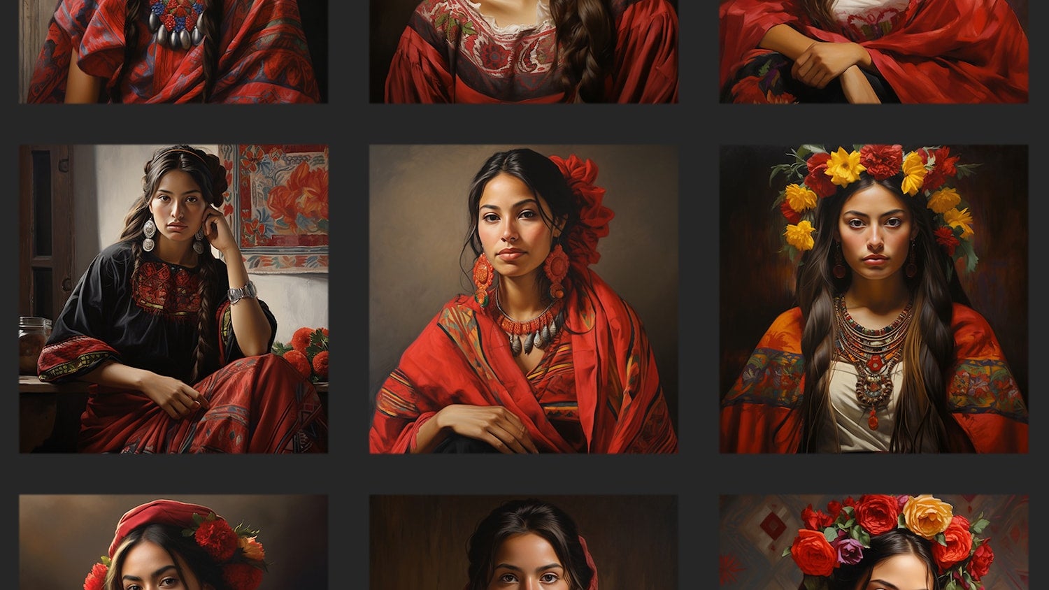 A photo collage showing a grid of 9 square images of headshots of women wearing red and white clothing.