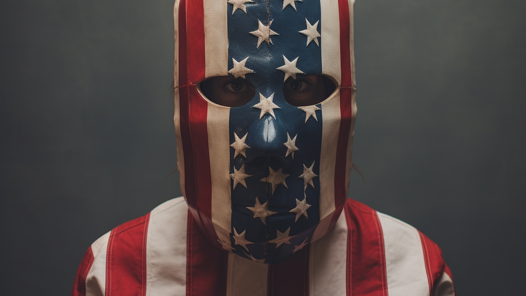 An AI generated photo portrait of a figure wearing a mask and shirt, with an American Flag pattern.