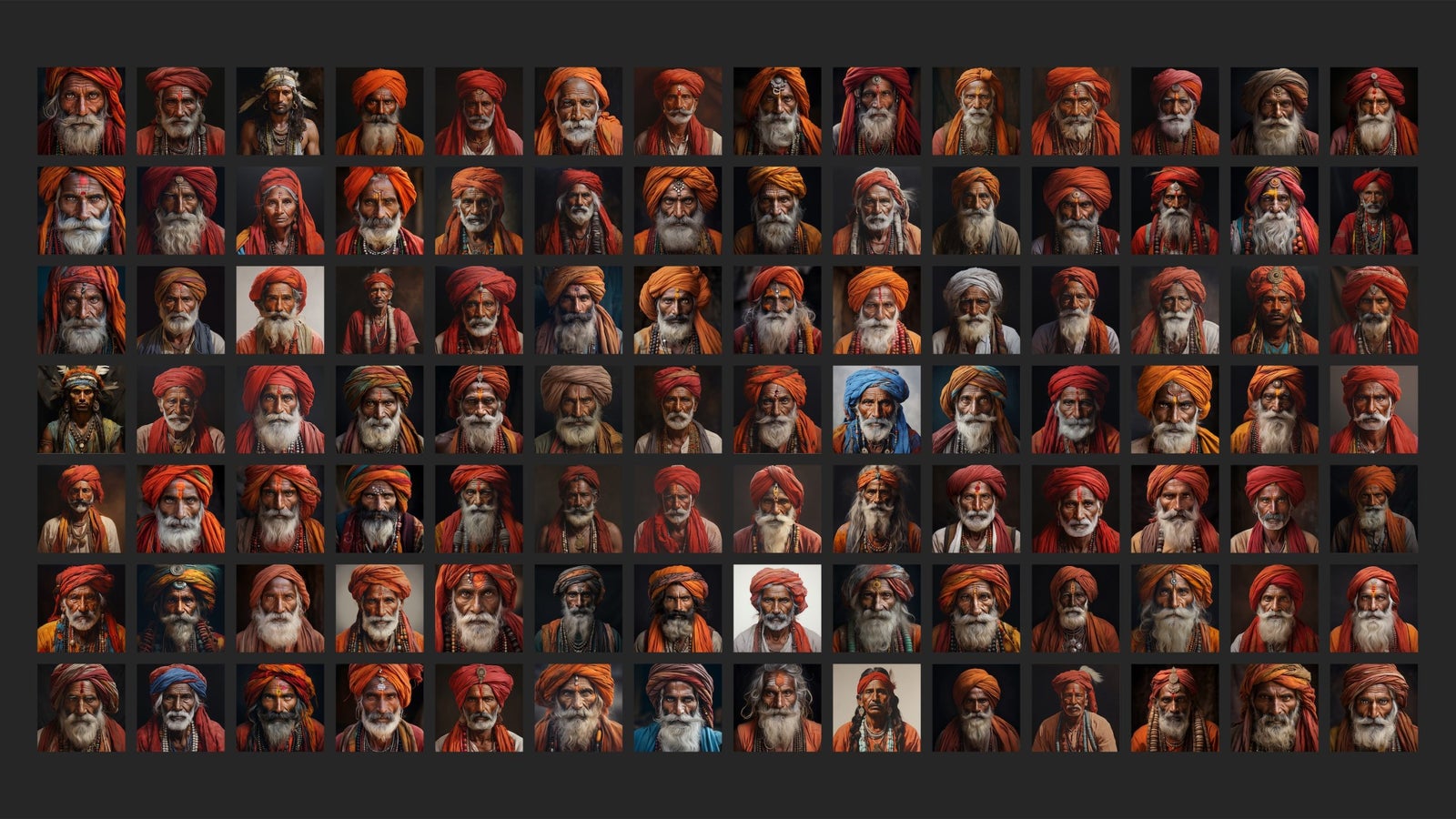 A photo collage showing a grid of 98 square images of mainly bearded men wearing orange or red head coverings.