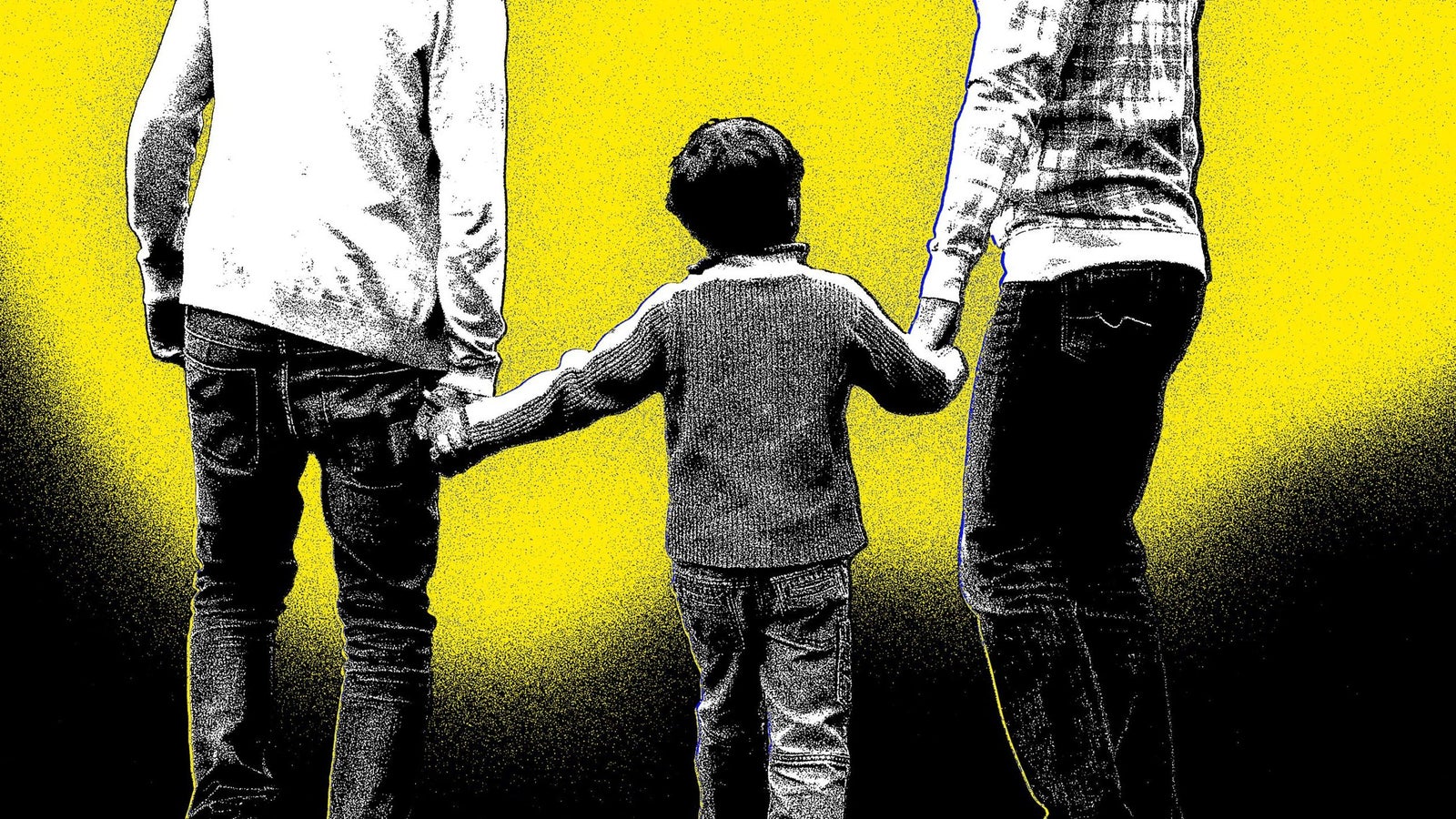 An illustration of the back of two men holding hands with a child, against a yellow and black grainy background.