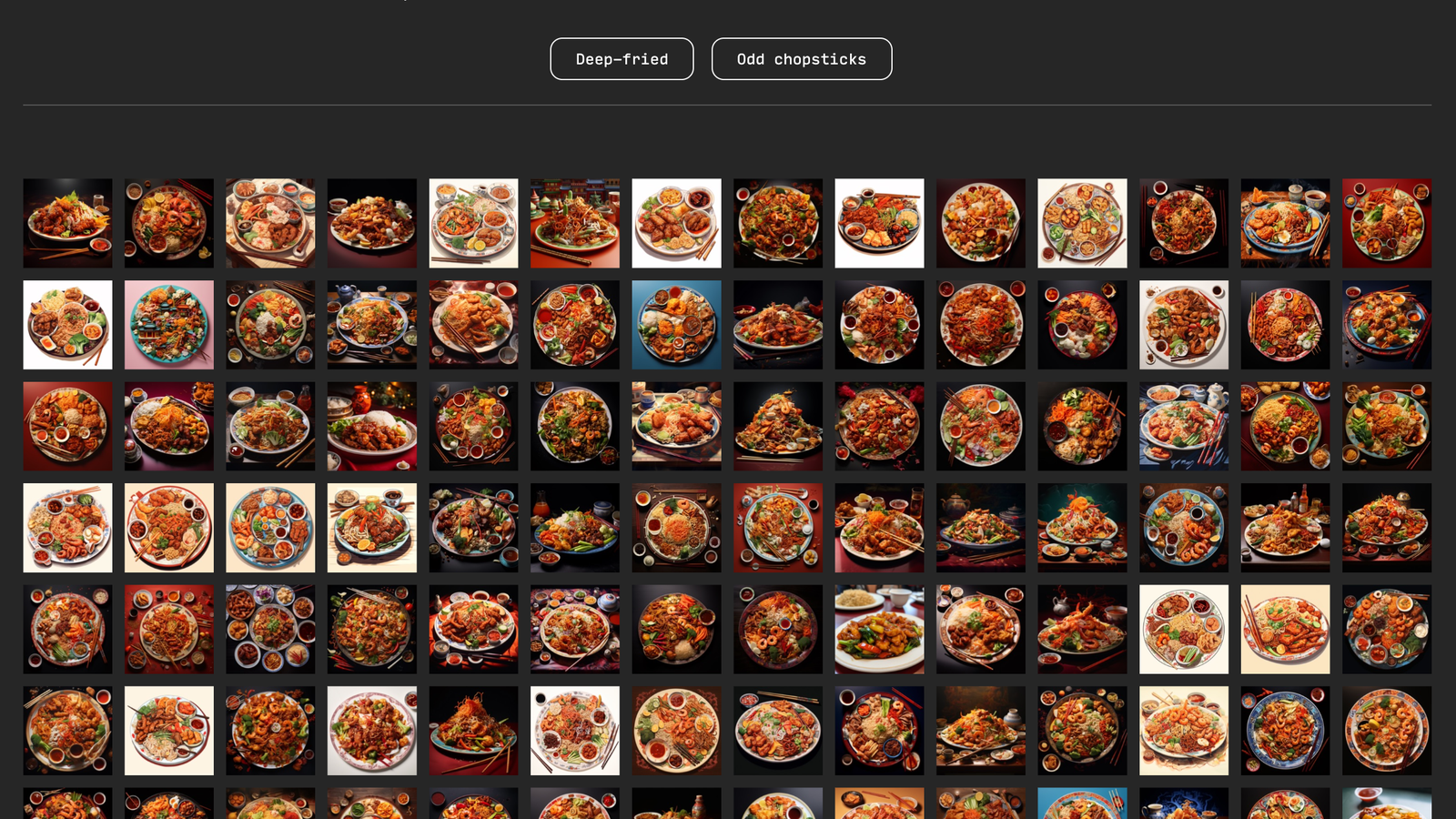 A photo collage showing a grid of 98 square images of food under the headline "a plate of Chinese food."