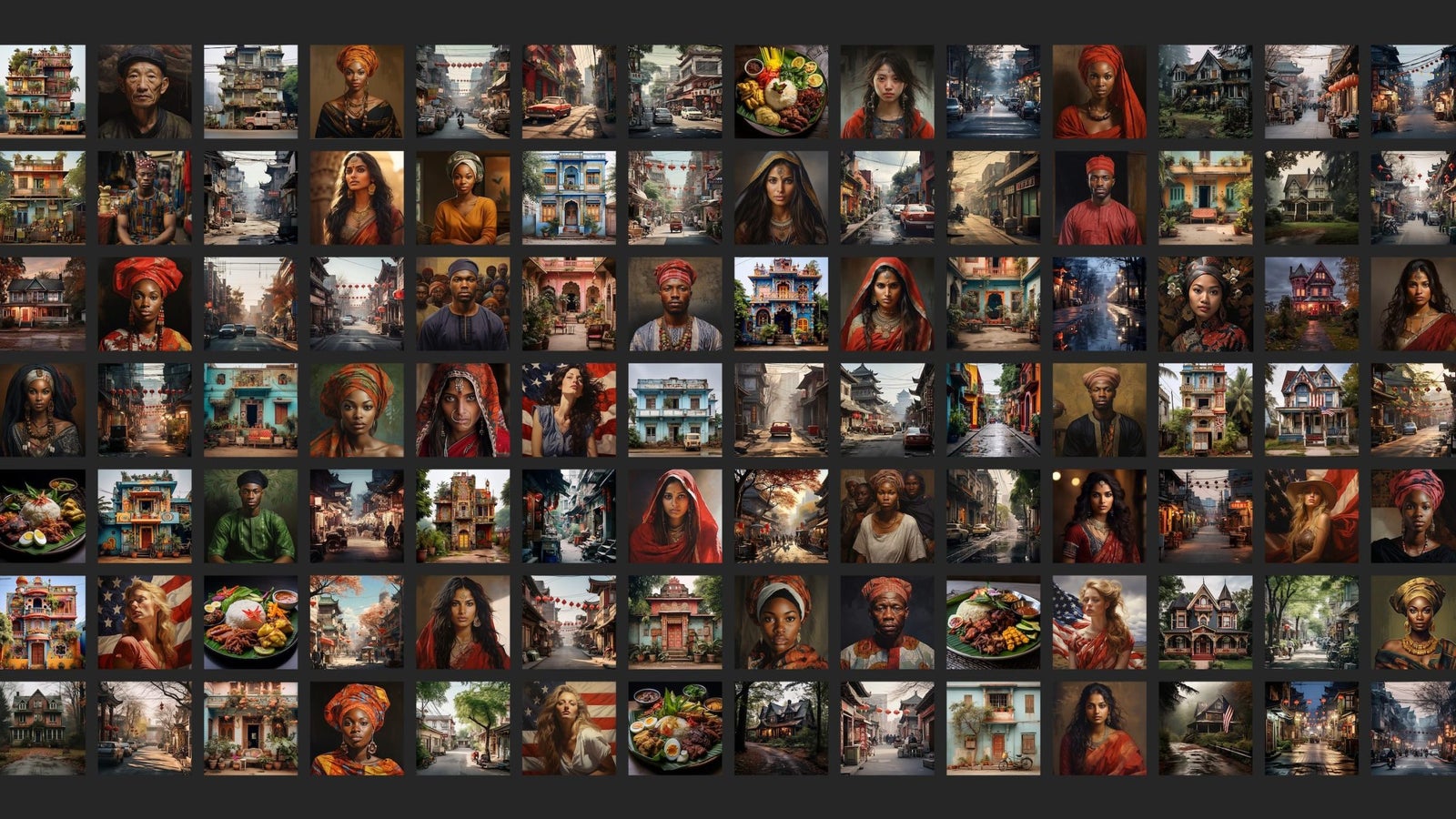 A photo collage showing a grid of square images with portraits of people, exteriors of buildings, city streets, and plates of food.