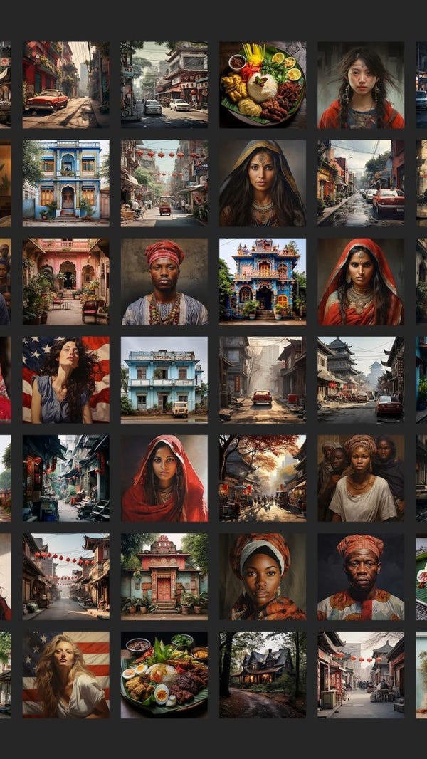 A photo collage showing a grid of square images with portraits of people, exteriors of buildings, city streets, and plates of food.