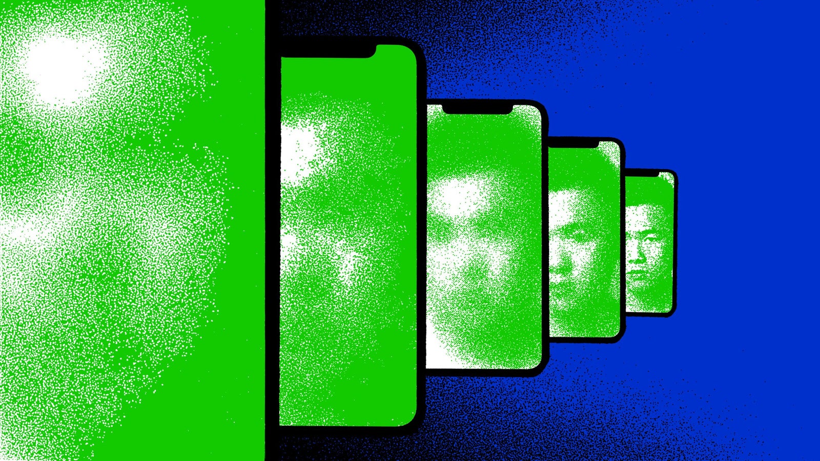 An illustration of multiple phone screens with a portrait of a Chinese person on the screen in a green tint, ranging from blurry to a clear face, against a blue textured background.