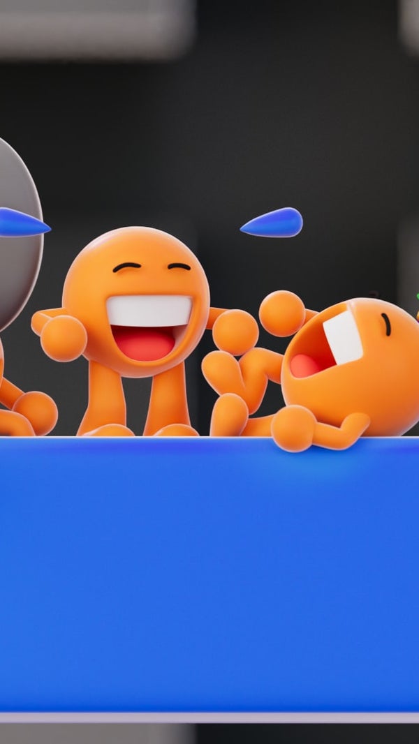 An illustration showing emoji characters sitting on a blue text bubble laughing hysterically.