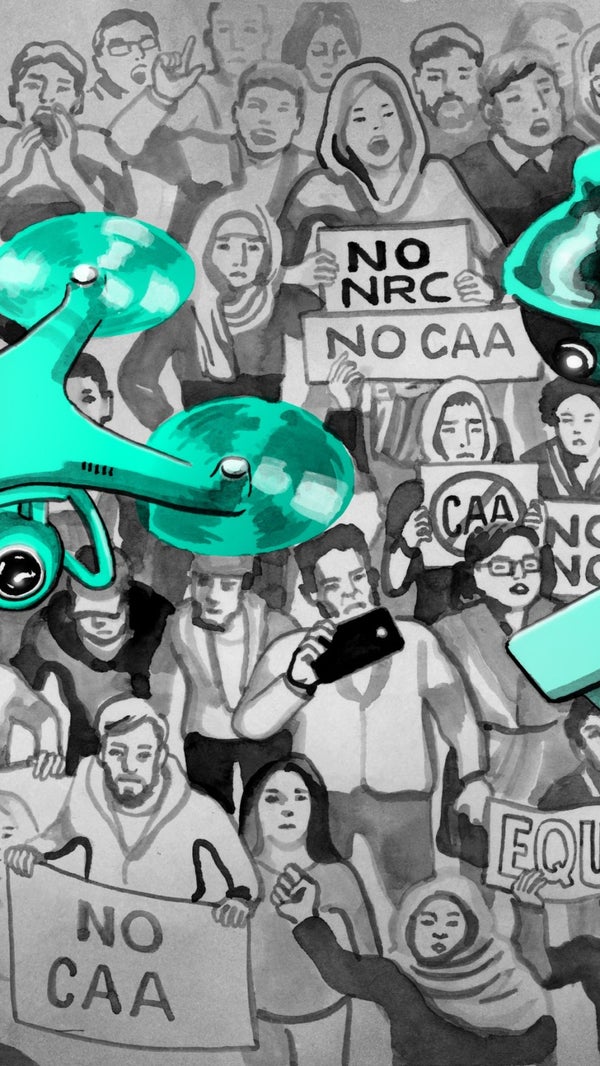 A black and white illustration with aqua highlights showing a large protest being surveilled by CCTV cameras and a drone.