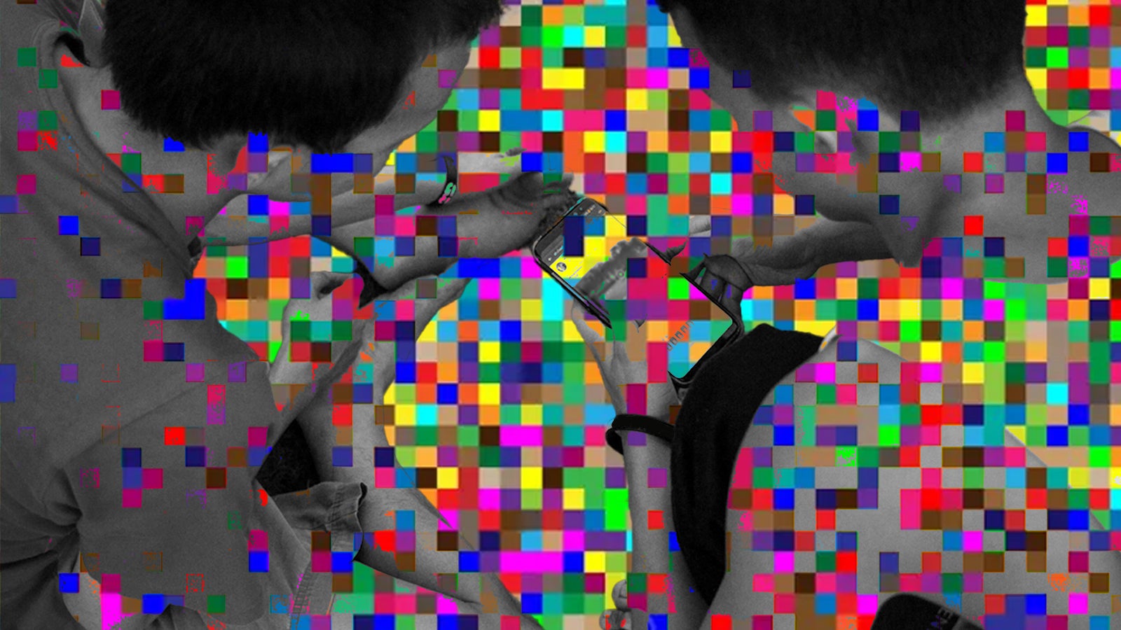 A collage of two people taken from above looking at a phone with a brightly coloured square grid over it.
