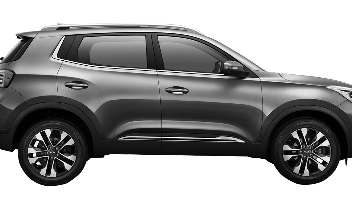 A side view of a modern gray SUV with sleek curves and stylish alloy wheels.