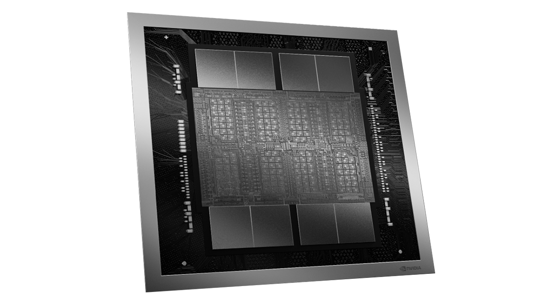 A computer chip with a complex circuit layout, featuring a central processor surrounded by multiple metallic sections, set against a dark background with intricate patterns.