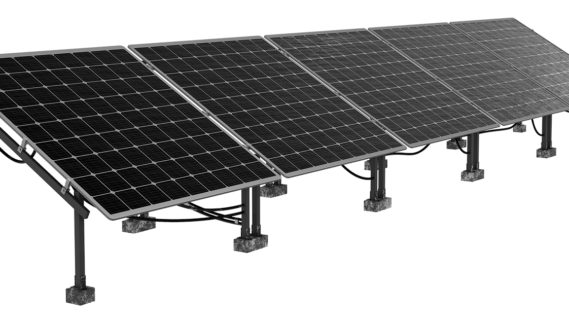 A solar panel array consisting of several photovoltaic panels mounted on a metal frame, supported by concrete bases.