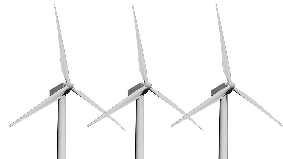 Three white wind turbines with three blades each, standing on a flat surface against a neutral background.
