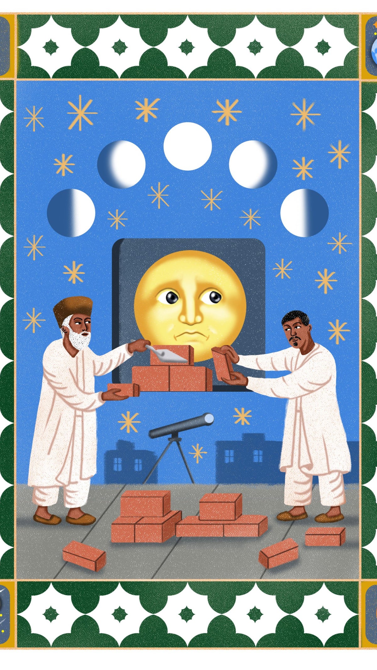 Two figures in traditional clothing are building a structure with bricks while looking toward a large, expressive moon figure in the background. The scene is set against a blue sky filled with stars and moon phases, with additional decorative elements surrounding the border. A telescope is present, suggesting a connection to astronomy.
