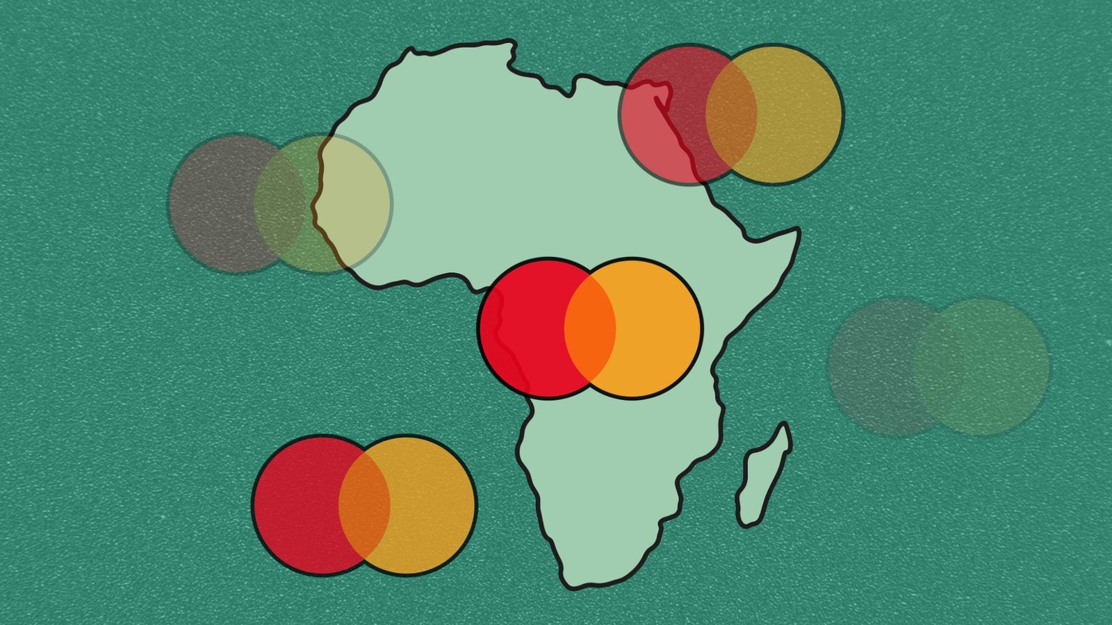 A map of Africa outlined in green against a textured teal background, with overlapping Mastercard Foundation logos in various places on the map.