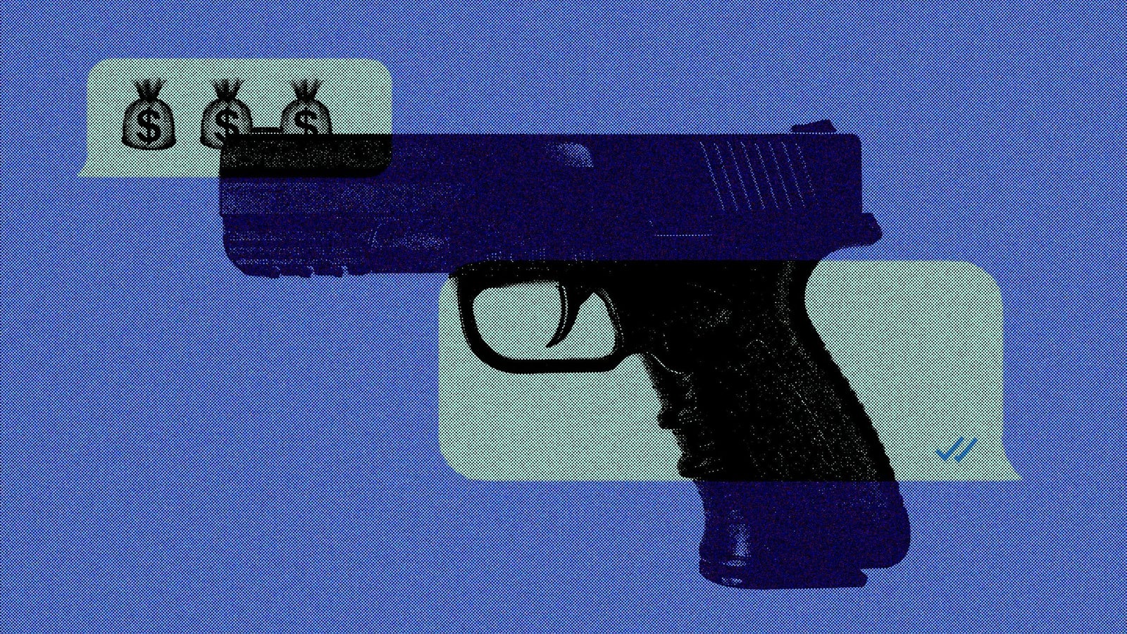 An illustration featuring a handgun with three money bag icons displayed in Whatsapp speech bubbles, set against a blue background.