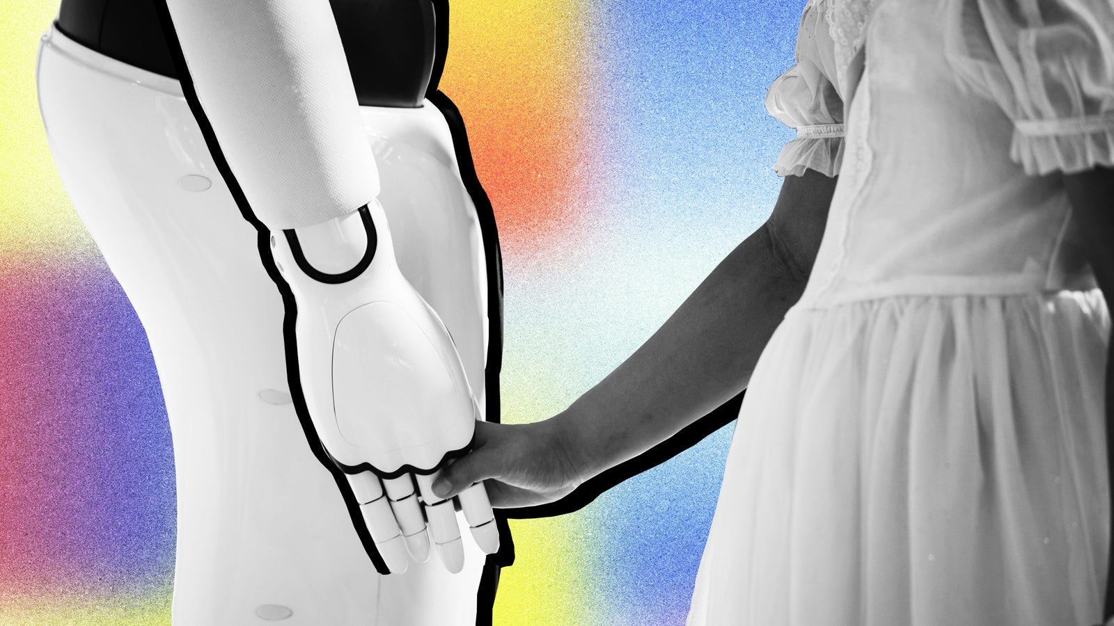 A child in a white dress holds hands with a humanoid robot, set against a colorful abstract background.