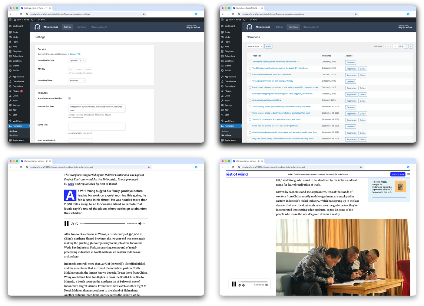 Four screenshots of AI Narration plugin, showing the WP Admin screens, and regular and sticky player in an article.
