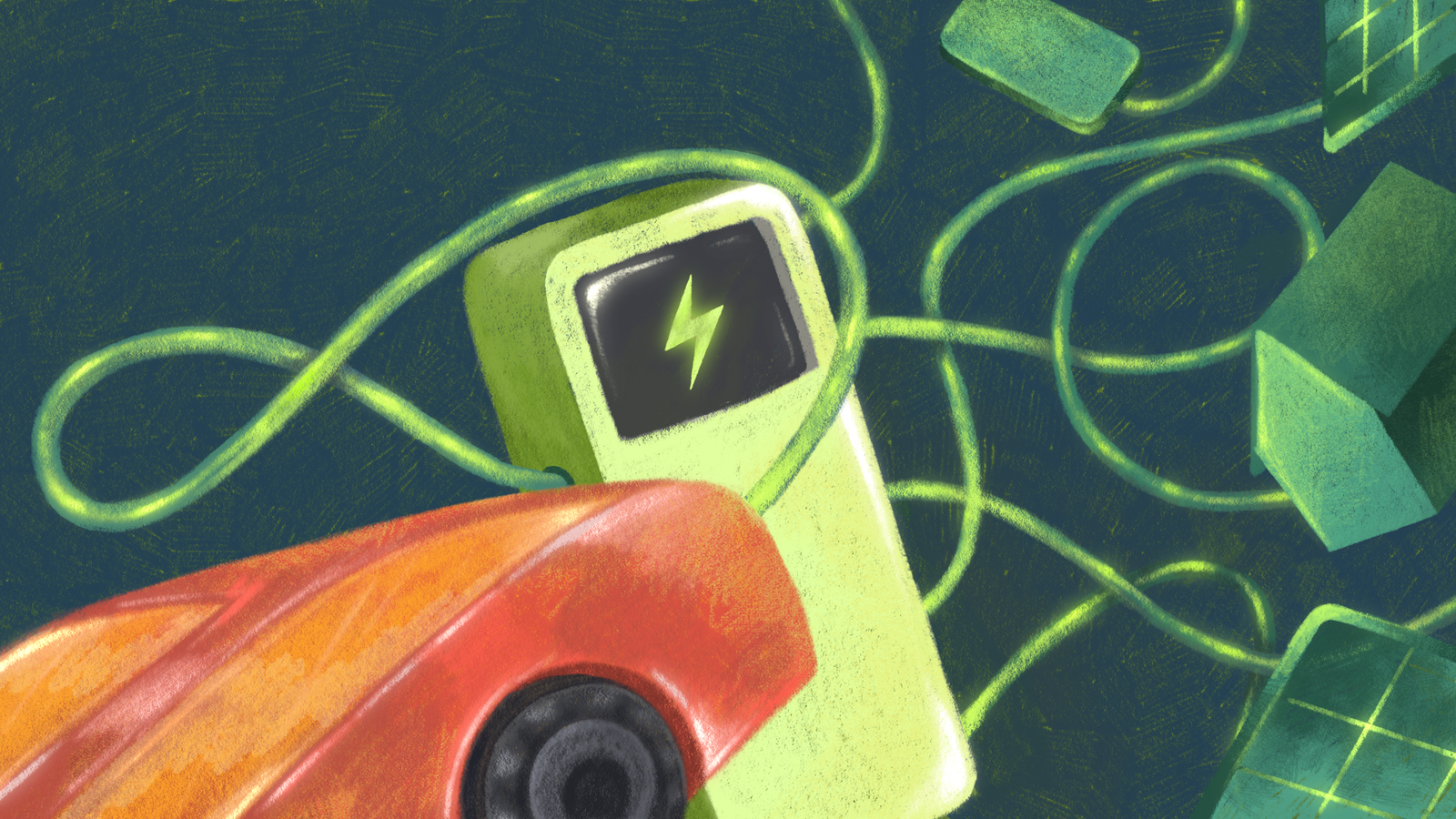An orange toy car next to a green electric charging station, tangled cords, and green devices on a dark background.