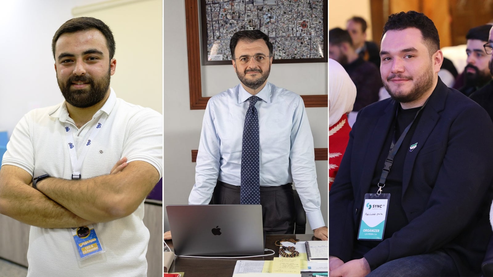 Three men are featured side by side: one with crossed arms, another seated at a desk, and a third smiling in an event setting.