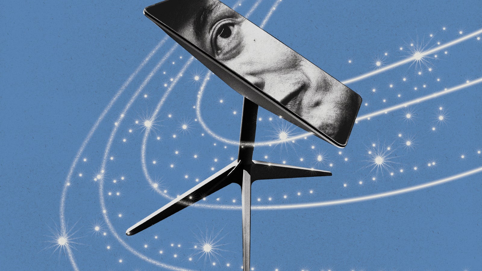 A modern chair with a tilted seat displaying a black-and-white face, set against a blue background with starry swirls.