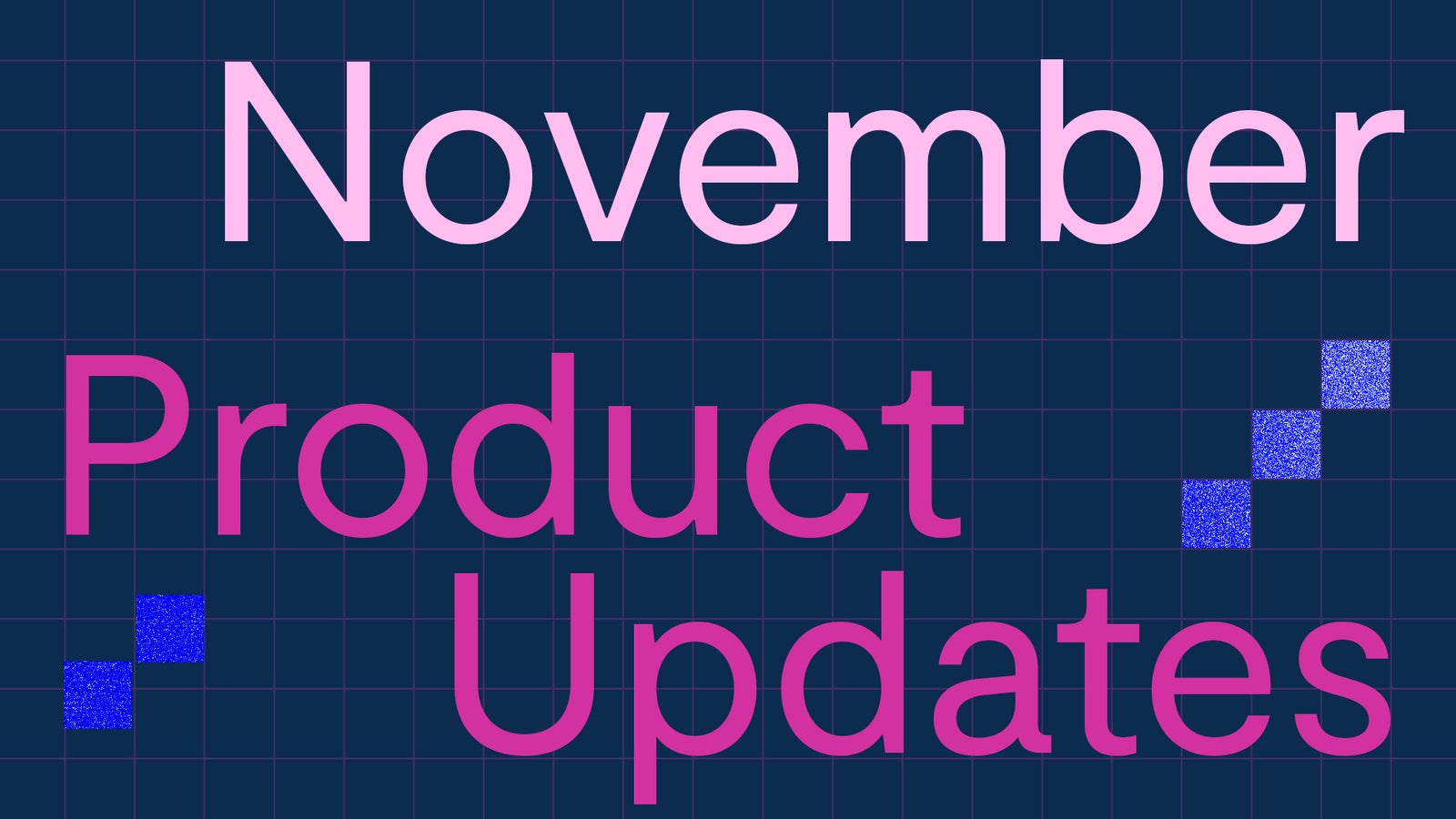 Text graphic displaying 'November Product Updates' in pink and light pink against a dark grid background.