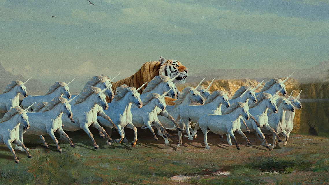 A tiger running alongside a herd of unicorns in a fantastical landscape.