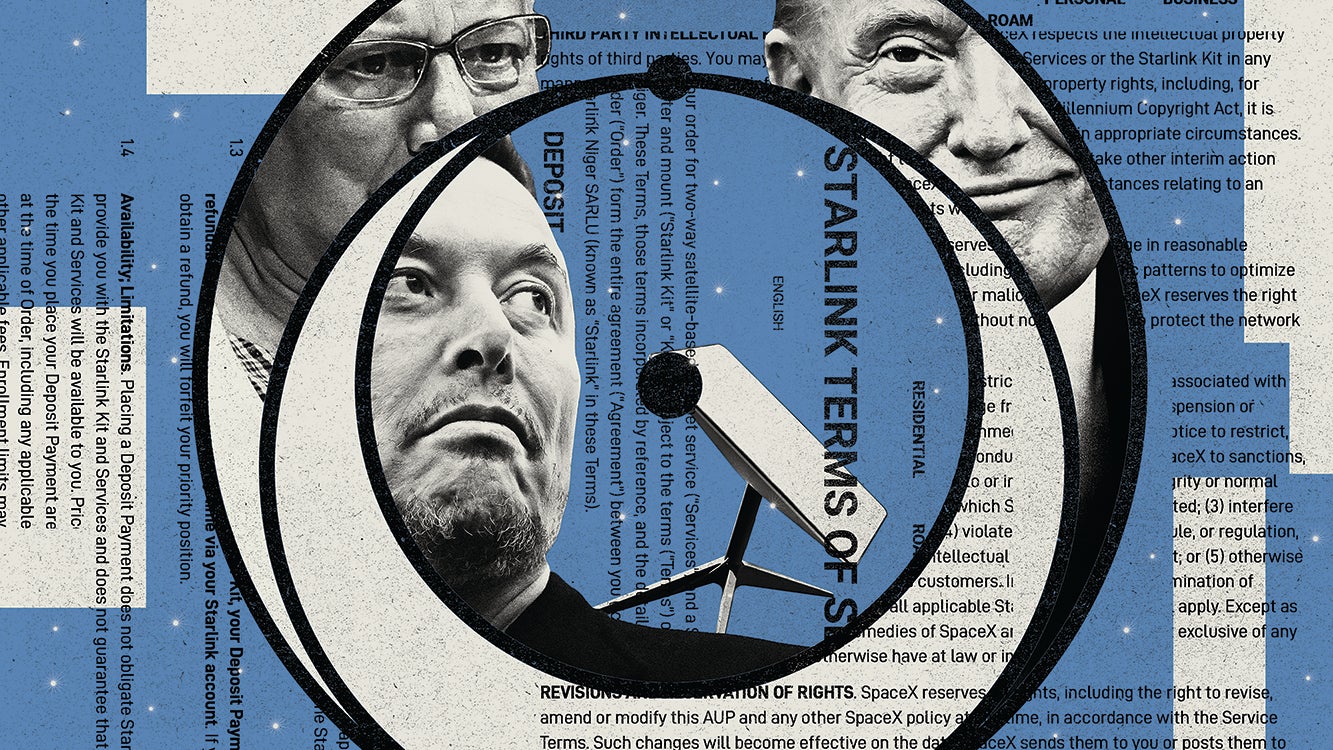 An artistic collage featuring three men's faces and a satellite dish, overlaid with text about Starlink terms and policies.