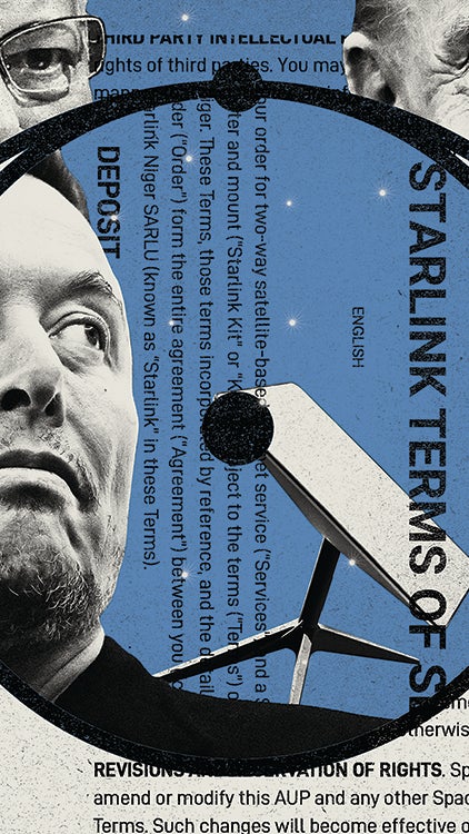 An artistic collage featuring three men's faces and a satellite dish, overlaid with text about Starlink terms and policies.