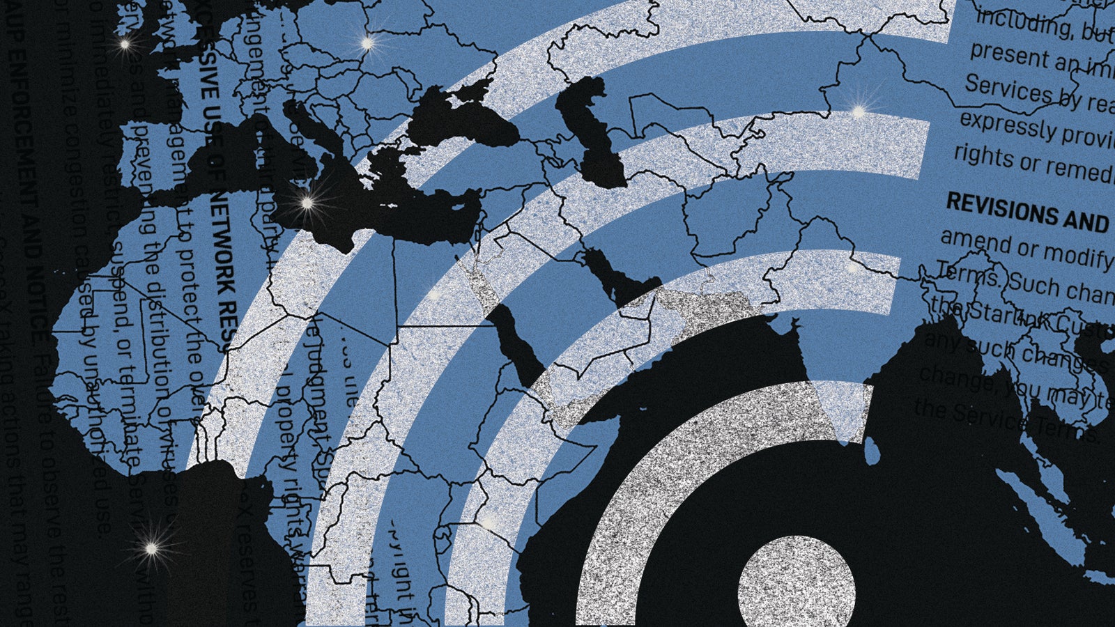 A stylized map of Europe, North Africa, and the Middle East with Wi-Fi signal waves overlaid.