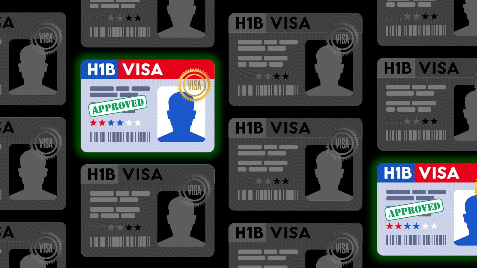 H1B visa cards in a pattern, featuring one card marked "APPROVED" with a glowing border and a silhouette of a person.