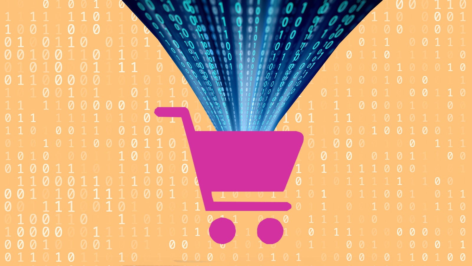 A pink shopping cart icon with binary code streaming downwards against an orange background.