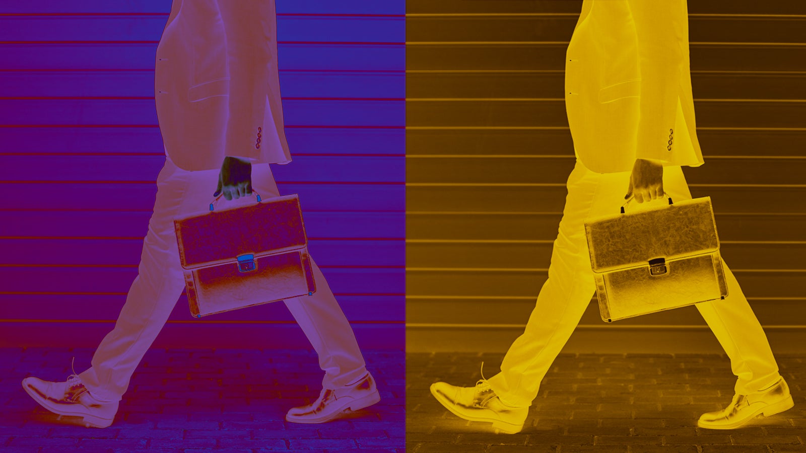 A person in a suit walking with a briefcase, depicted in contrasting purple and yellow tones.