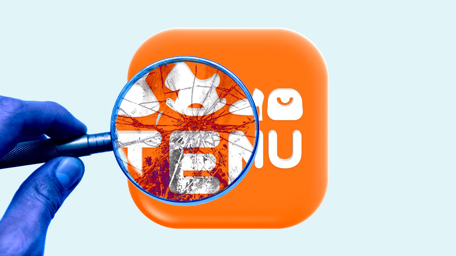A hand holding a magnifying glass over an orange app icon with a white stylized "TEN" logo, focusing on intricate details.