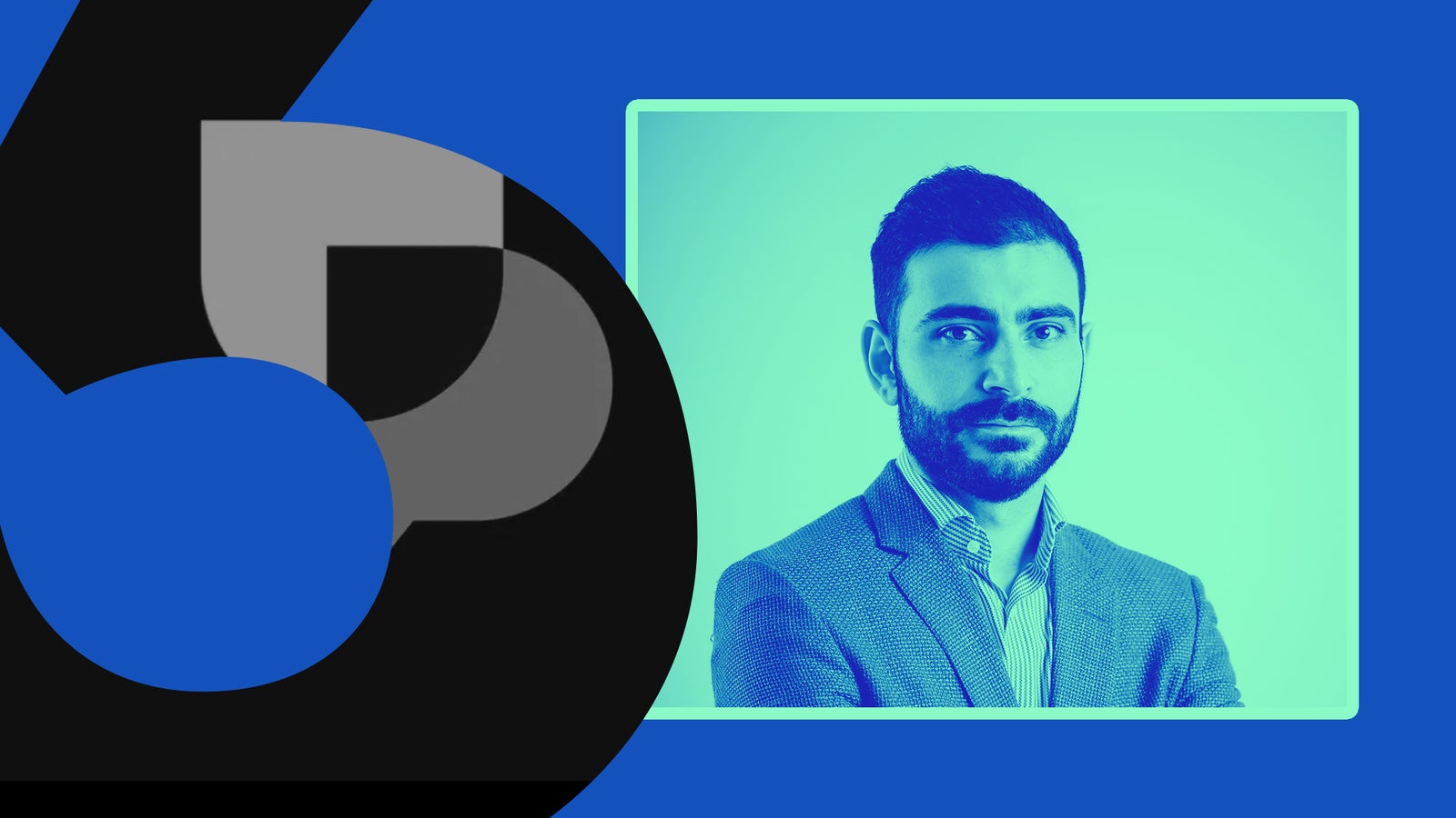 A man in a suit is shown against a blue background, with a graphic design element overlaying part of the image.