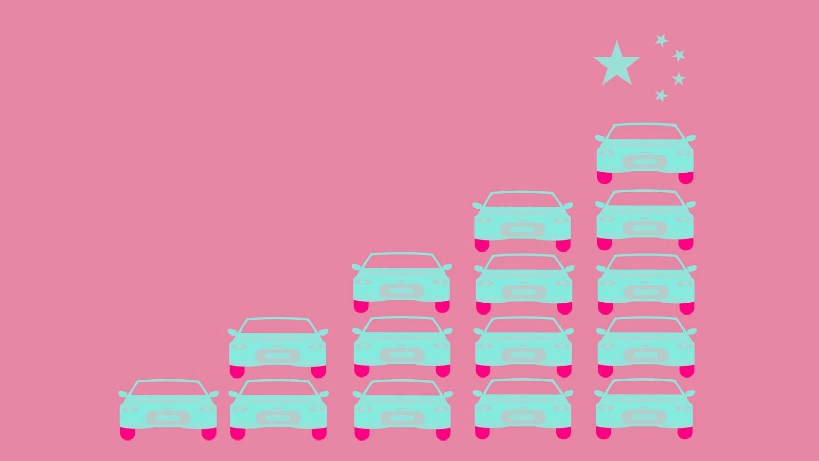 Stylized illustration of cars in a staircase arrangement on a pink background, with a star and smaller stars at the top right.