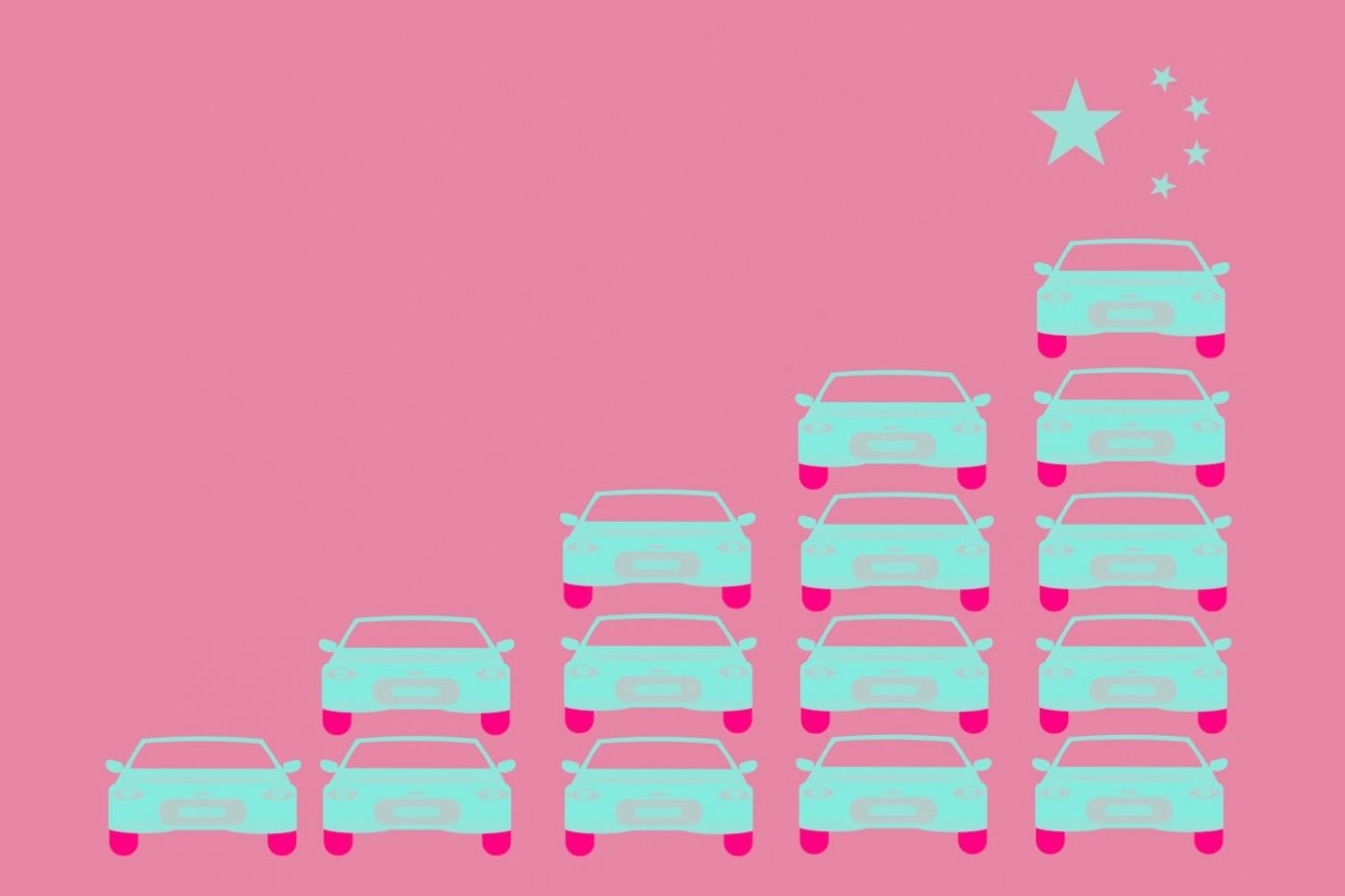 Stylized illustration of cars in a staircase arrangement on a pink background, with a star and smaller stars at the top right.